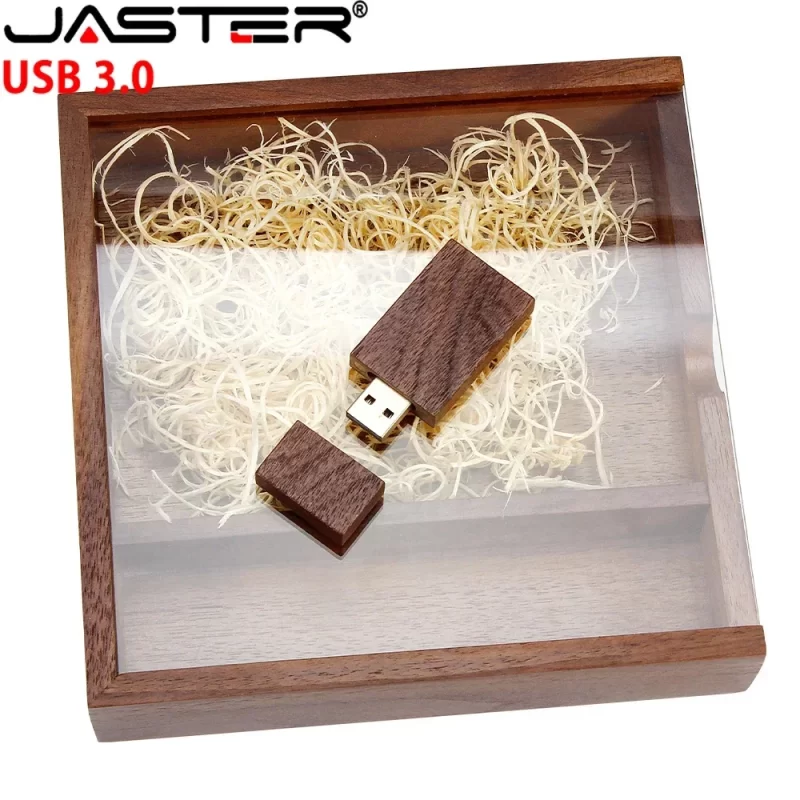 JASTER-USB Flash Drive 3.0, Tampa Acrílica Transparente, Álbum De Fotos De Madeira Pendrive, U Stick, Presente De Casamento, 64GB, 128GB, 16GB, 32GB, 8GB, 4GB
