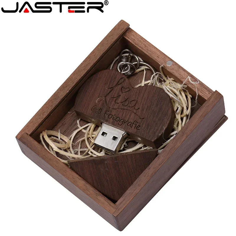 JASTER-Madeira Coração USB Flash Drive, Memory Stick, 4GB, 16GB, 32GB, 64GB, Company Logo, Personalizado, Casamento, Fotografia Presente